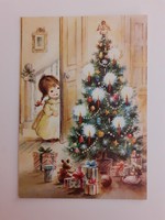 Régi karacsonyi képeslap rajzos levelezőlap karácsonyfa kislány játékok