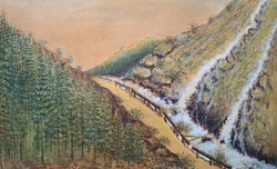 Mountain lane by the waterfalls - watercolor, with unidentified markings