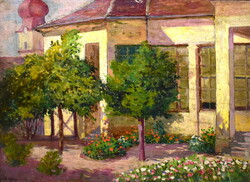 János Lukácsy (1884-1944) Cgléd's flowery courtyard with the Reformed church in the background