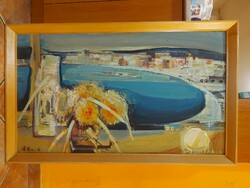 Cs.Pataj Mihály: "Tengerpart", festmény, olaj, farost, 58x100 cm+ keret