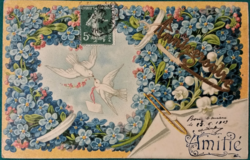 Antique postcard forget-me-not with doves in the heart