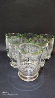 EISCH jelzett eredeti extrém ritka zöld peremű buborékos vastag falú üveg pohár készlet 6 darabos