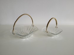 Old retro 2 baskets with metal handles glass bowl glass snack basket mid century