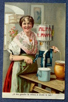 Antik Alfa Laval reklám litho képeslap 1908ból  hölgy a géppel tejszínt készít