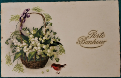 Antik üdvözlőlap, képeslap egy kosár gyöngyvirág kismadár