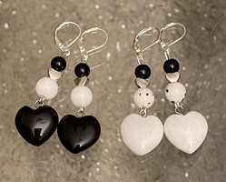 Black and white onyx mineral earrings in a pair with mineral heart charms