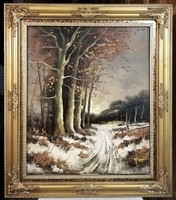 Jelzett klasszikus téli tájkép, gyönyörű keretben  ( 50 x 60 + keret )