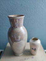 Hollóház iridescent porcelain small vases two together.