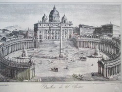 A római Szt. Péter tér és a Bazilika Bellini kolonádjával  - antik metszet, 20. sz.-i levonat