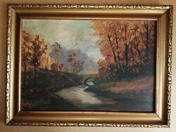 Antik tájkép olaj fa festmény blondel keretben, képkeret 43,5*58,5 cm