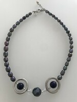 Cultured pearl necklace with onyx eyes, 47 cm long, marked m&s