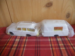 Retro plastic small car with trailer from the 1980s, unopened, with manufacturer's information label