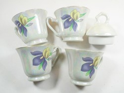 Retro régi kávés teás készlet porcelán 4 db csésze, 1 db fedél virág mintás Sapir német gyártmány