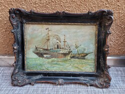 Antik "hajó ütközet a tengeren" olaj festmény