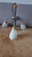 Retro rabalux three-branch opal glass ceiling chandelier on a chain, wood and metal, with mignon socket