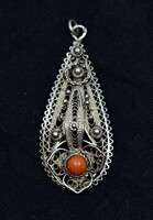 Antique coral stone filigree silver pendant
