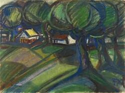 1L910 Hungarian Painter XXth Century: Houses at the Edge of the Forest 1976