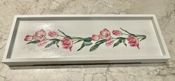 Fehér decoupage fa tálca rózsaszín tulipán mintás