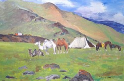 Nomadic life in Asia - camels, horses, Asia, Mongolian painter