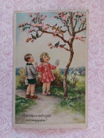 Old postcard postcard with kids little birds