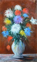 Hatalmas virágcsendélet festmény, olaj vászon, 80 x 50 cm, jelzés nélkül