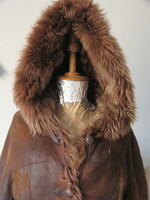 Brown women's hooded leather jacket