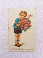 Old postcard postcard with little boy with flowers