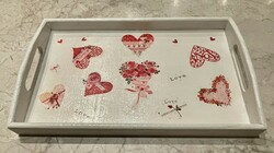 White decoupage wooden tray with red heart patterns