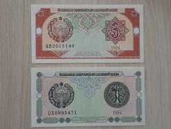 Uzbekistan 1 and 3 som unc banknotes