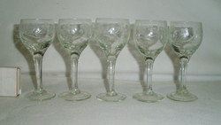 Five polished glass liqueur, short drink stemmed glasses - together