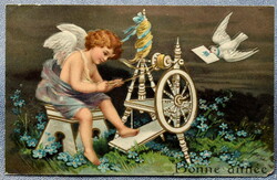 Antik dombornyomott Újévi üdvözlő litho angyalka rokkával galamb boríték