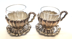 Silver coffee cups with bowl, glass glass, in pairs