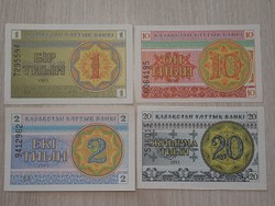 Kazahsztán  1 , 2 . 10 , 20 tyin UNC bankjegy sor 1993
