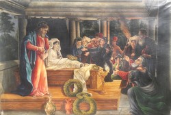 Jairus lányának feltámasztása - hatalmas antik festmény 100x150 cm! bibliai jelenet, Jézus Krisztus