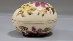 Zsolnay virágos, kézzel festett porcelán bonbonier, ékszer tartó tojás