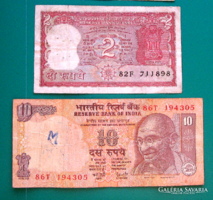 India - 2 piece banknote lot - 2 & 10 rupee - mixed year