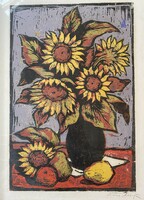 Matthias Réti: flower still life - colored linocut