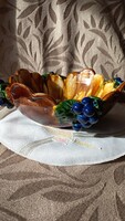 Antik majolika asztalközép plasztikus díszítéssel, folyatott mázas, jelzett,számozott, kézi készítés