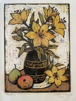 Matyás Réti: lily - colored linocut