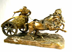 PAZAR KIDOLGOZÁSSAL ! NAGY MÉRETŰ BRONZ RÓMAI HARCI SZEKÉR LOVASFOGAT ( GLADIÁTOR ) SZOBOR