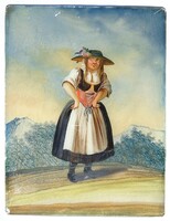 1830-50 körüli, német-osztrák üvegre festett népviseletben lévő hölgy