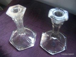 Candlestick pair - glass, hexagonal base shape 12.5 x 9 cm with a small bang on one