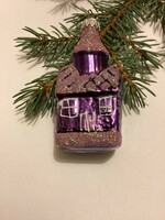 Régi üveg lila színű havas házikó templom karácsonyfadísz