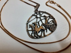 Retro bronze industrial art thick long necklace with a scene pendant with an openwork pattern on it