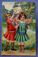 Antik üdvözlő litho képeslap kisleányok rózsával tavaszi kép