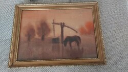 (K) landscape painting with a hornet, horse, 49x37 cm frame, watercolor