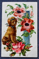 Antique art nouveau artistic litho postcard real decoupage poppies bows dogs roses
