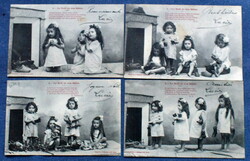 4 darab Antik Karácsonyi fotó képeslap sorozat gyerekek kandallónál ajándékot várva cipővel