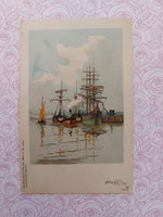 Old postcard 1900 postcard sea ship harbor