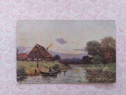 Old postcard art postcard landscape with lake boat